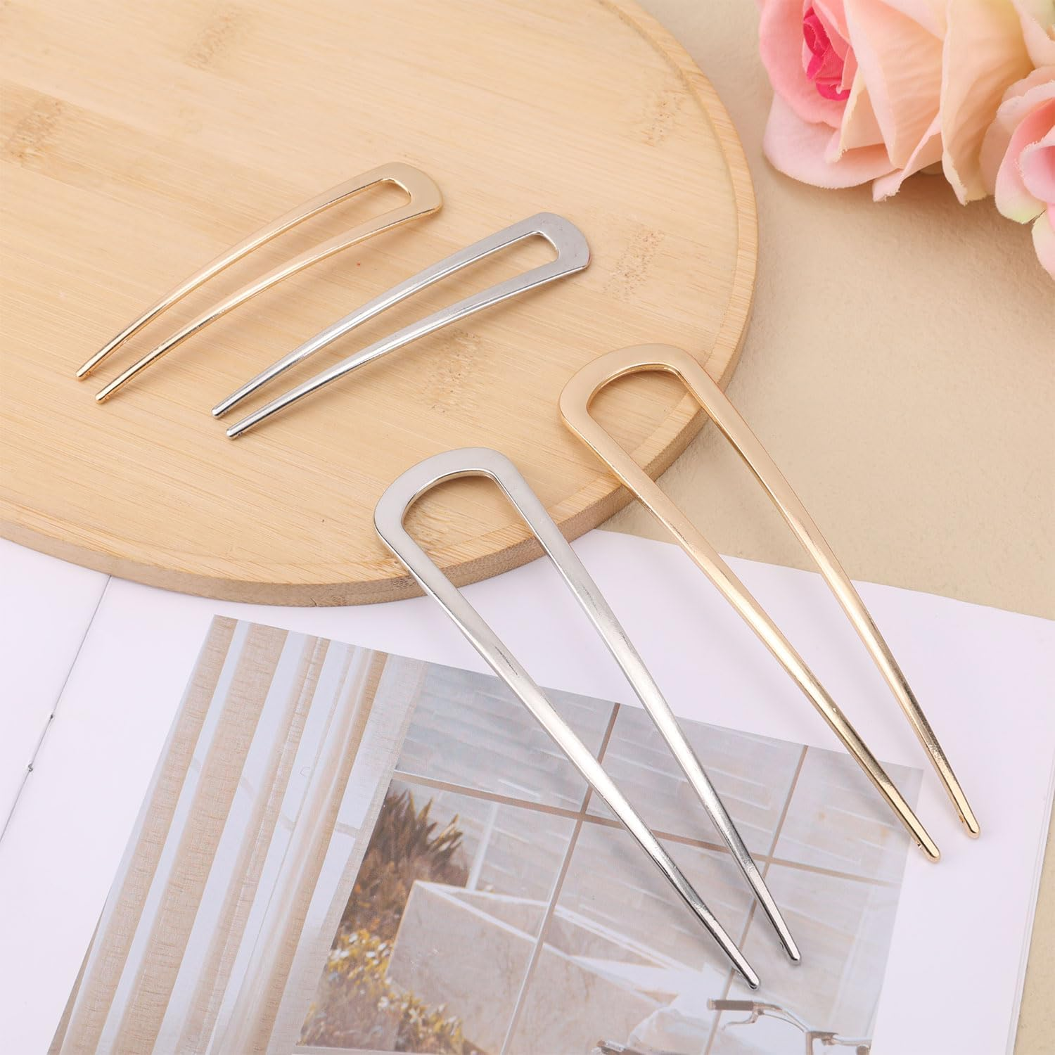 4 Pc French Hairpin, 2 Sizes Alloy U-Shaped Hair Sticks Gold Silver Chignon Hairpin Hair Styling Pins French Twist Hair Clips for Knots Women Gifts image number 5