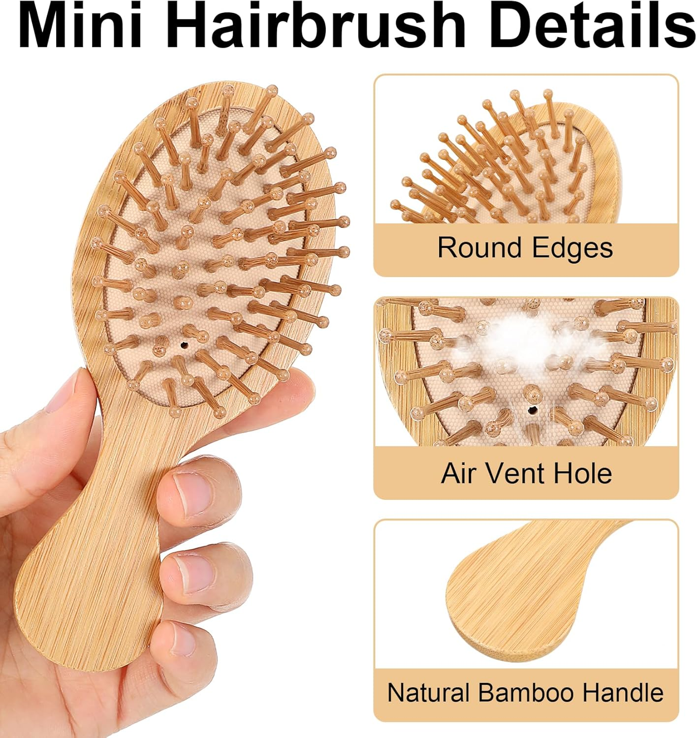Small Hair Brush, Bamboo Hair Brush with round Bristles for Scalp Massage & Hair Growth, Antistatic Wooden Brush with Ergonomic Handle, Gentle Detangling for Women & Men image number 5