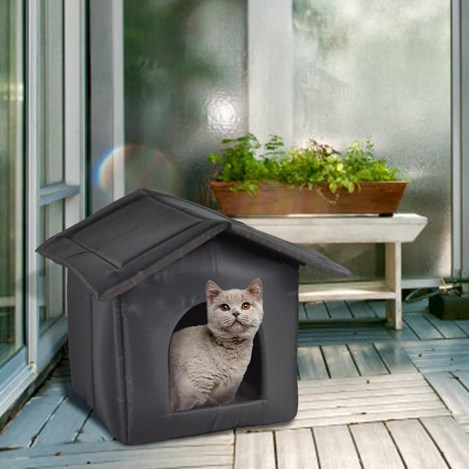 CARRORABI Outdoor Cat House Warm Cat Bed Cave, Waterproof Oxford Cloth Pet Shelters Enclosed Cat Houses for Outdoor Cats, Non-Slip Bottom Detachable Pet Accessories (L) image number 6