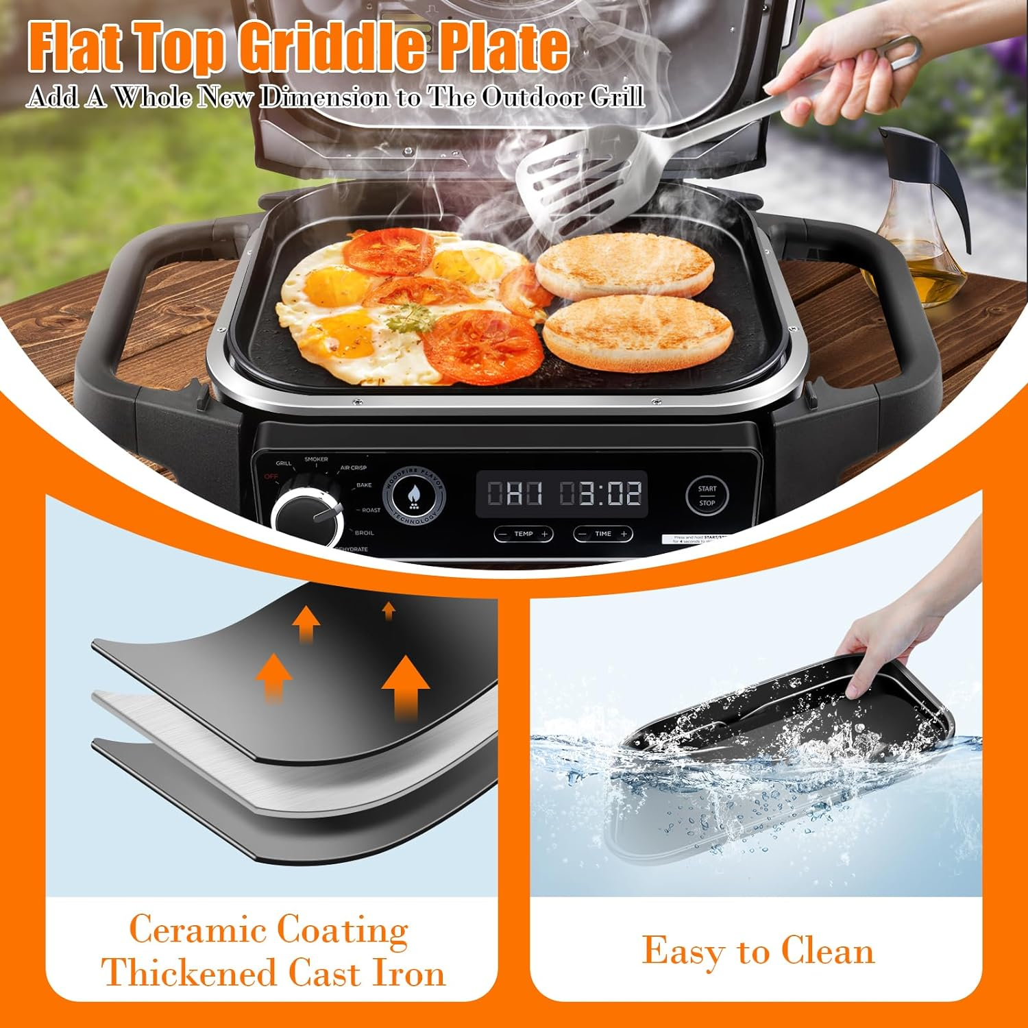 GRILL FORCE Cast Iron Griddle for Ninja Woodfire Grills, Griddle Plate, OG700 Series, Flat Top Griddle Compatible with Ninja Woodfire Outdoor Grills OG701, Ceramic Coating, Easy to Clean, Insert