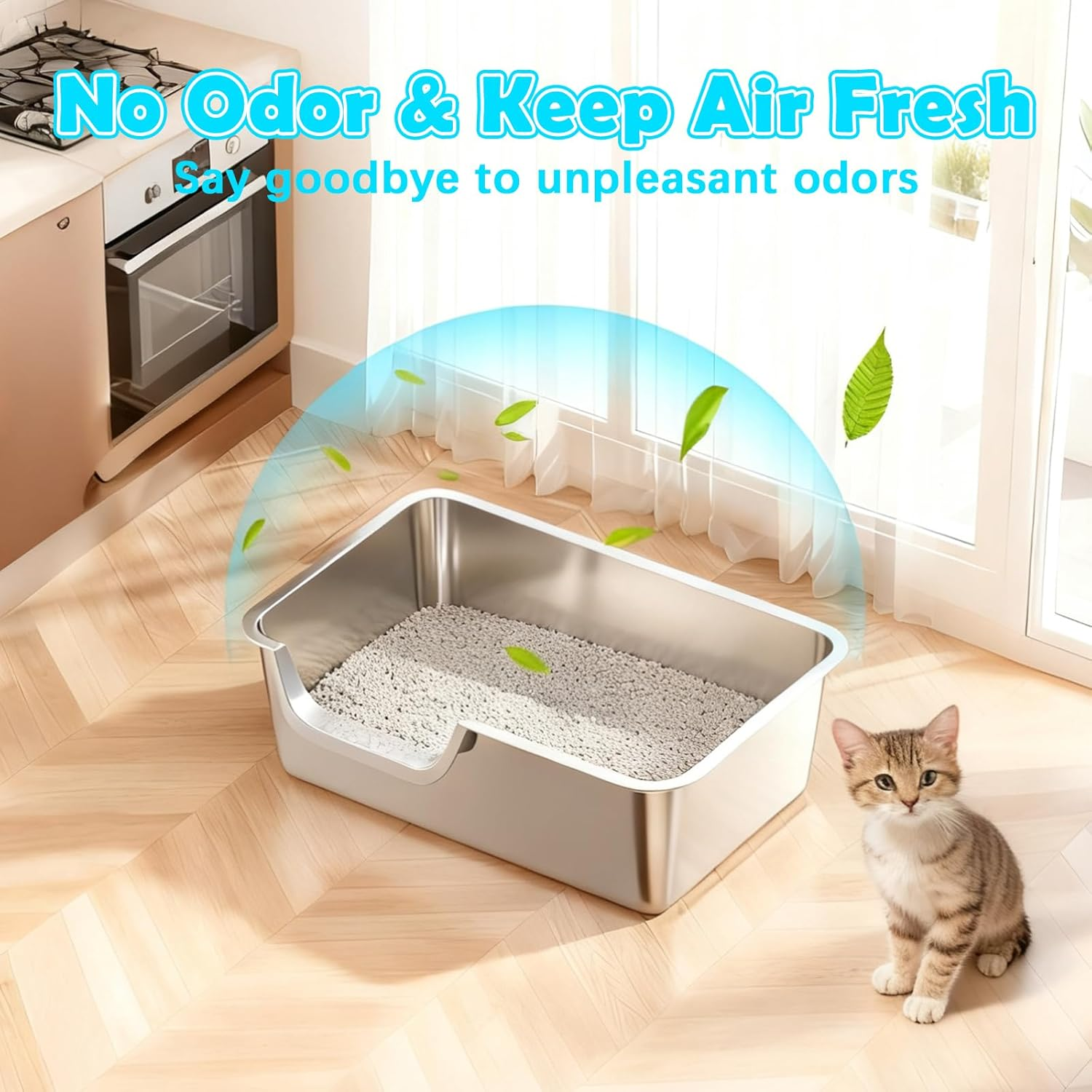 Stainless Steel Litter Box with High Sides,Metal Litter Box with Low Entry for Kittens & Senior Cats,Large Cat Litter Boxes,19.6" L X 13.7" W X 5.9" H,Non-Sticky,Easy to Clean (Middle Entry) - Middle Entry image number 6