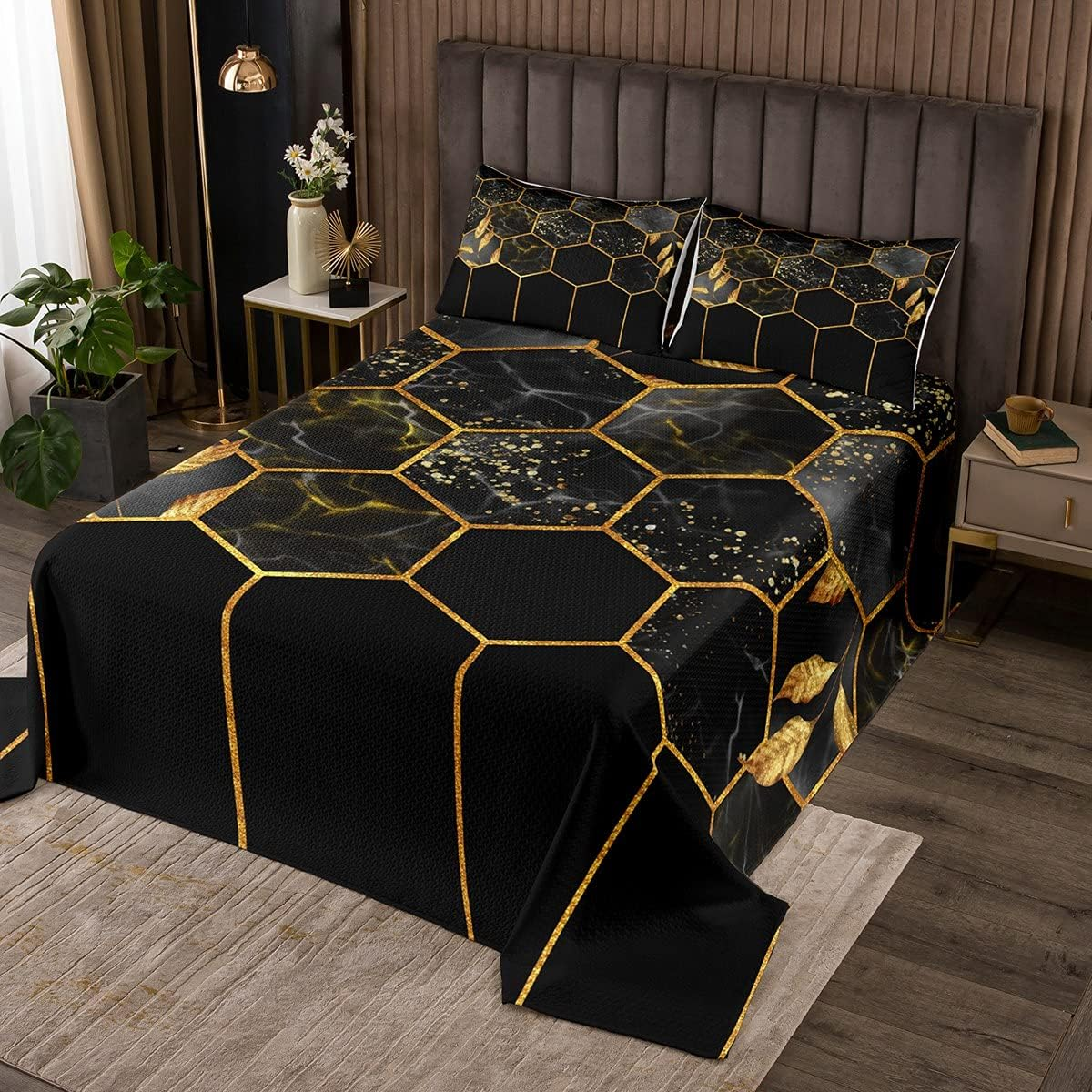 Marble Bedspread Set 240 X 260 Cm, Black Grey Geometric Gold Plaid Bed Linen Set, Modern Luxury Diamond Quilt Set with Metallic Stripe Printed Beehive Hexagon Grid Coverlet Set, Honeycomb