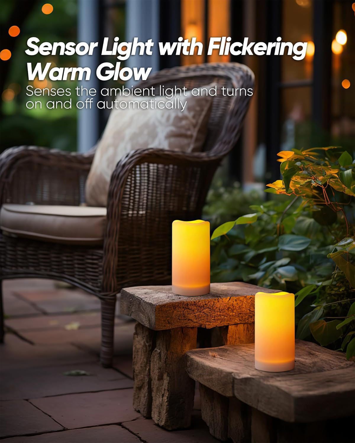 Homemory Solar Candles Outdoor Waterproof, 3"X6" Rechargeable Solar Powered Lights, Flameless Flickering Dusk to Dawn Sensor Outdoor Pillar Candles for Halloween, Lanterns, Garden, Patio, Porch image number 3