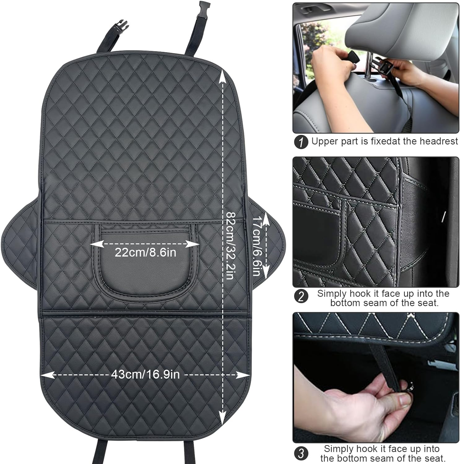 Car Seat Protector Kick Mat for Child Seats,2 Pack Universal Car Seat Back Leather Cover, Non-Slip Seatback Cover with Organizer, Wear Resistant Protects Upholstery from Stains & Damage (Black) image number 6
