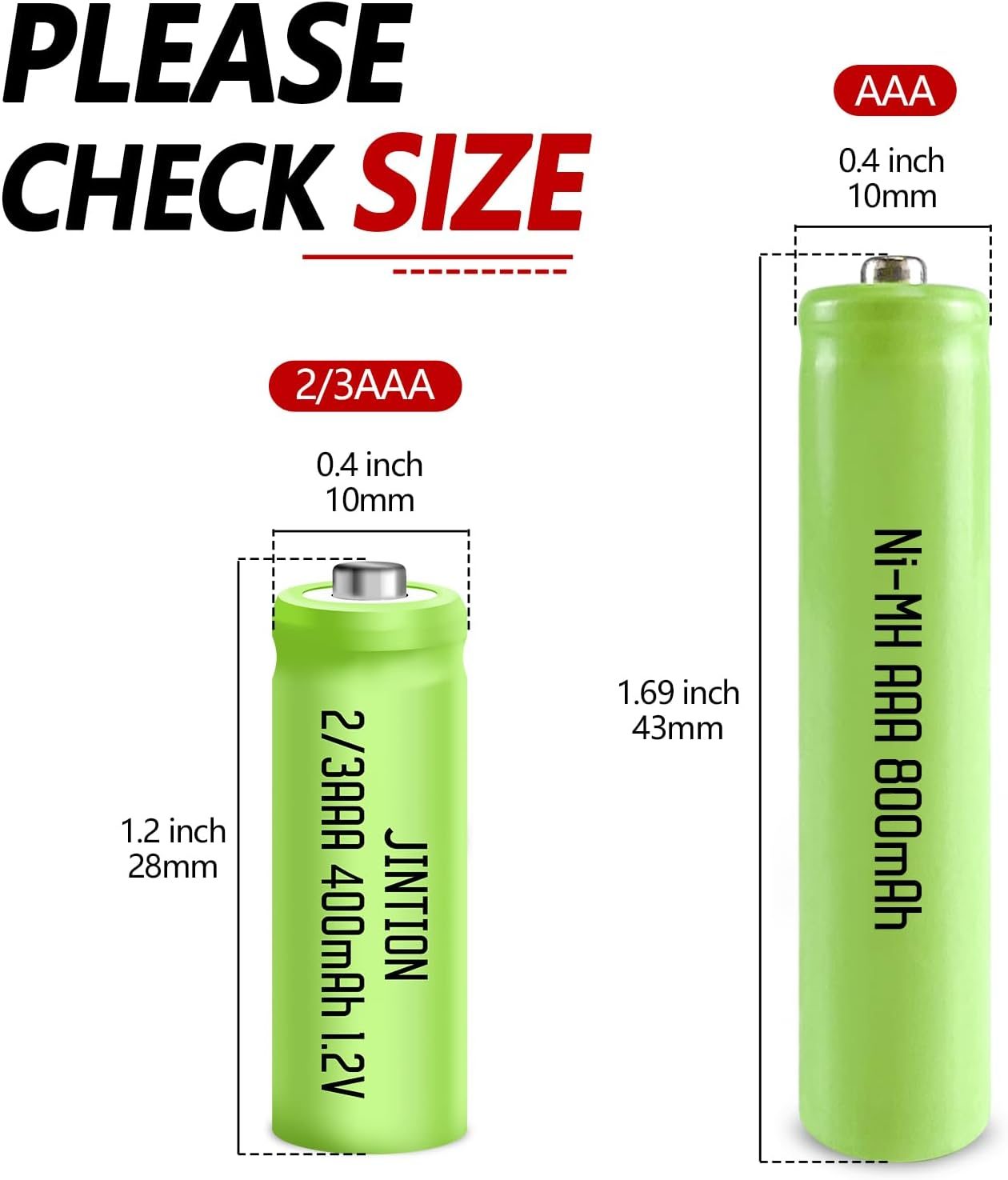 JINTION NIMH 2/3AAA Rechargeable 2/3 AAA Batteries 1.2V 400Mah Rechargeable Battery Button Top 5 Pack(They Are Not AAA Size Batteries) image number 2