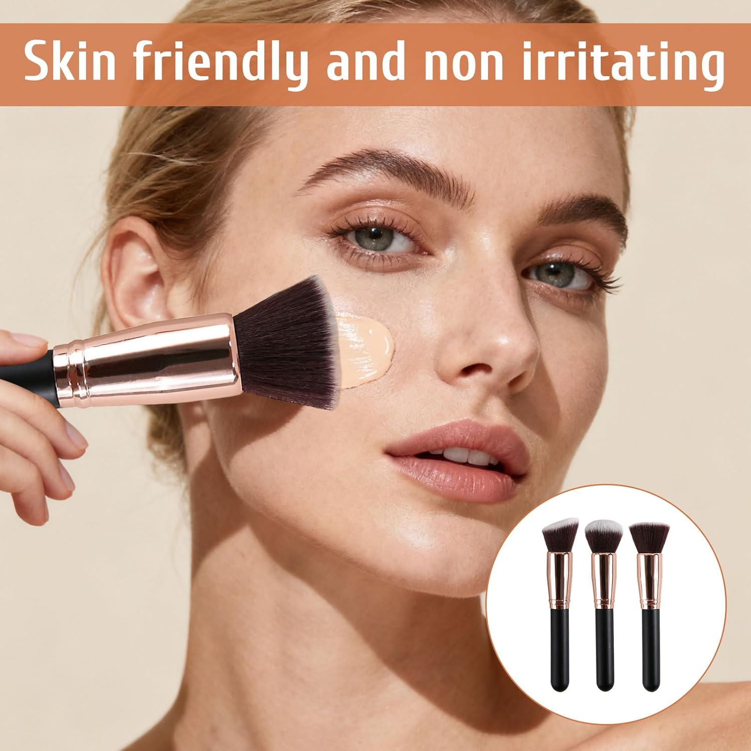 Foundation Brush, 3 Pcs Kabuki Makeup Brushes, Professional Makeup Brush, Flat Top & Angled & Blusher Brush, Body Make up Brushes for Liquid, Bronzer, Cream, Powder, Blending, Buffing, Contour image number 5