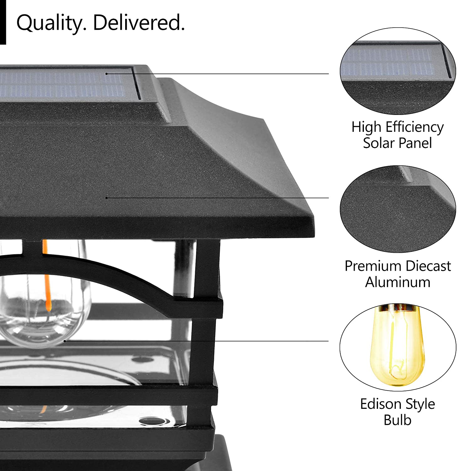 Davinci Lighting Edison Solar Outdoor Post Cap Lights - 4X4 5X5 6X6 - Bright LED Light for Fence Deck Garden or Patio Posts - Slate Black (2 Pack) image number 1