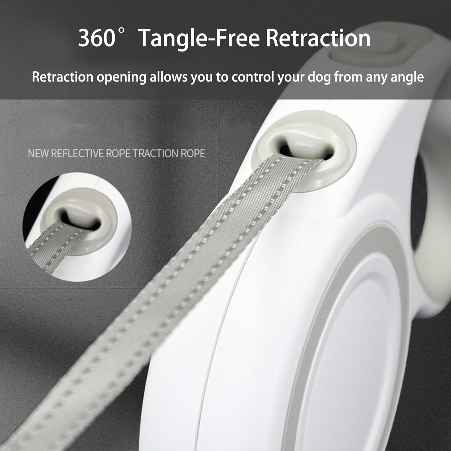 XCXQ 360&deg; Retractable Dog Leash, Strong Reflective Nylon Tape Lead 16 Ft Dog Walking Leash, up to 66Lbs, Anti-Slip Rubberized Handle, One-Handed Brake, Tangle Free, White-Gray (Medium) image number 4