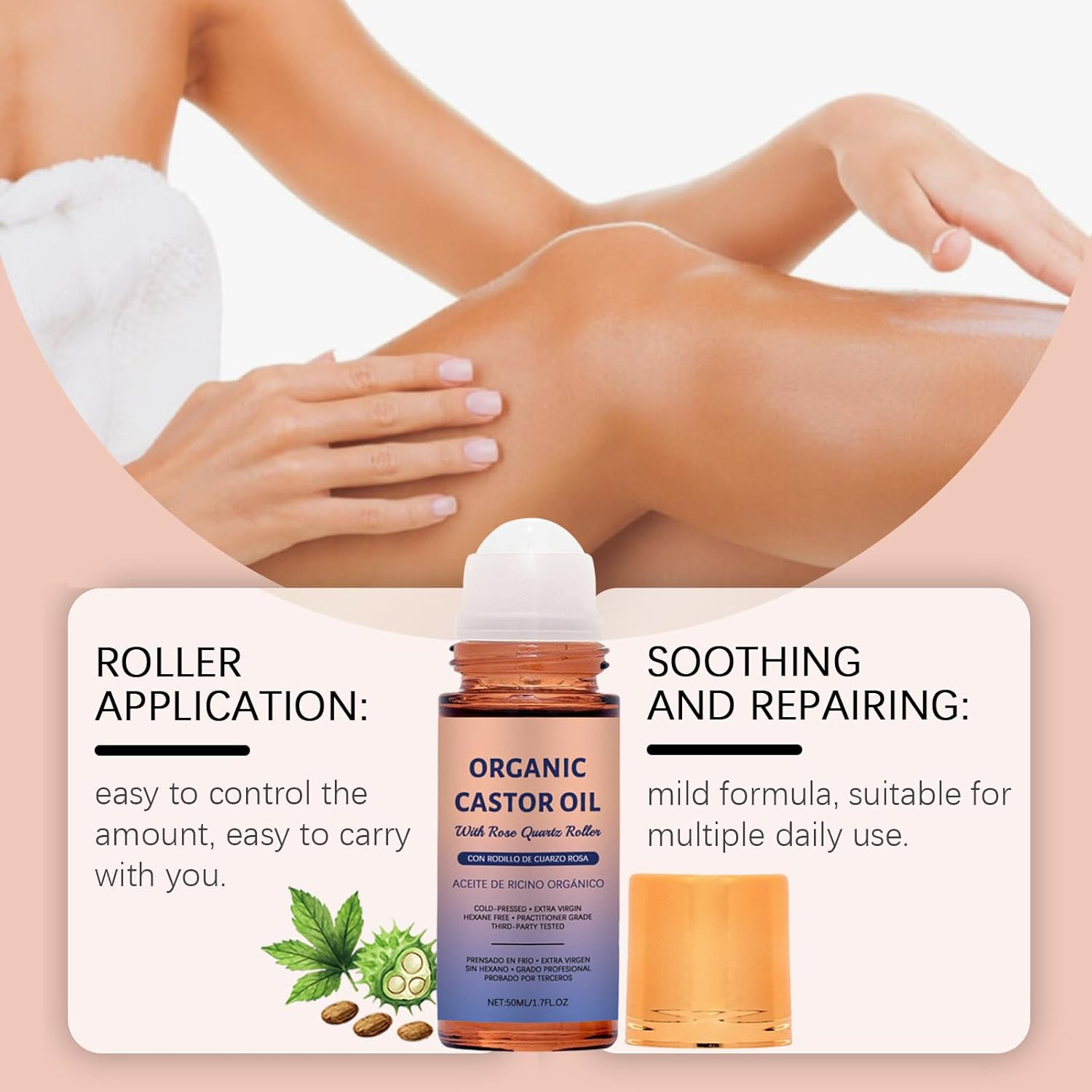 Organic Castor Oil with Rose Quartz Roller, Cold Pressed, Organic Castor Oil Roller Ball, 1.7 Fl Oz, Hexane Free, Nourishing Skin, for Face, Tummy, Body and Skin, Amber Glass Bottle (5PCS)