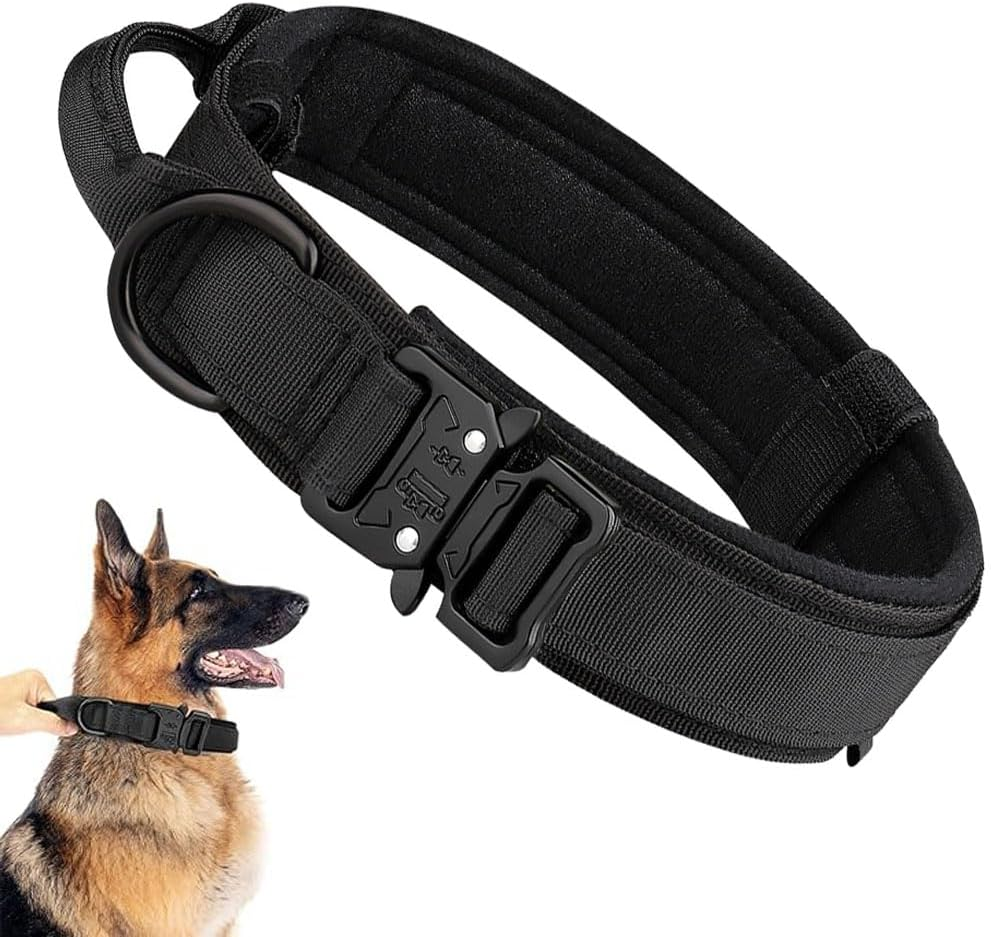 Tactical Dog Collar Military Training Adjustable Nylon Dog Collar with Control Handle and Quick Release Heavy Metal Buckle for Medium and Large Dogs (Black)