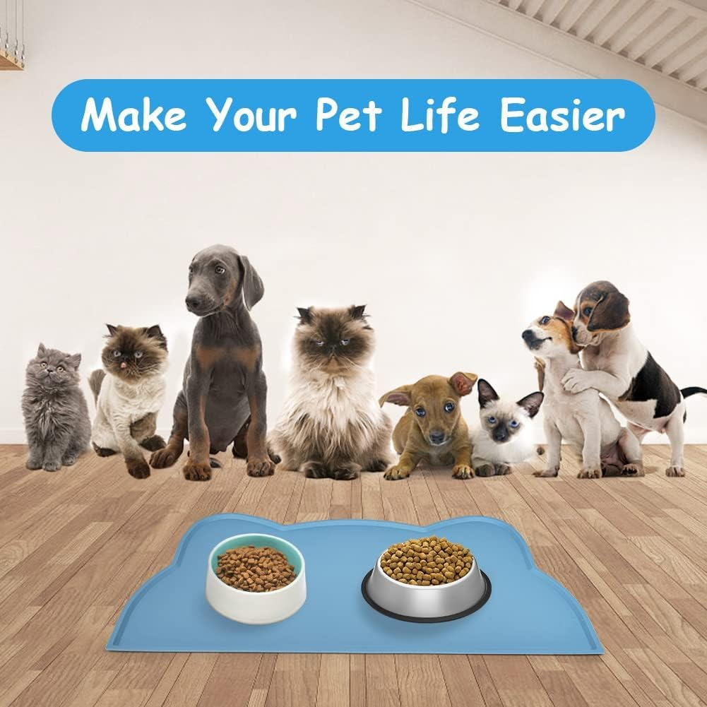 VSSHE Cat Food Mat, Silicone Pet Food Mat for Floor Non-Skid Waterproof Dog Water Bowl Tray Mat Dog Cat Placemat Mat with Raised Edge 18 * 9.8'' Pet Feeding Food for Small Dogs and Cats Blue