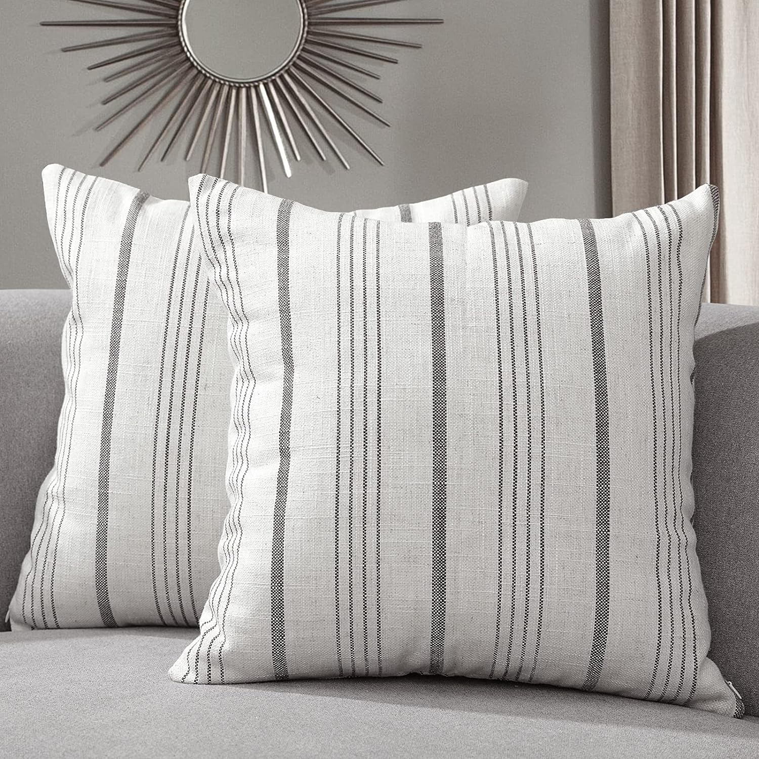 Sunlit Decorative Farmhouse Throw Pillow Case, Set of 2 Cream/Off-White with Gray Stripes Modern Accent Square Pillow Cover, 26" X 26", Textured Linen Throw Cushion Covers for Couch Chair Bedroom image number 4