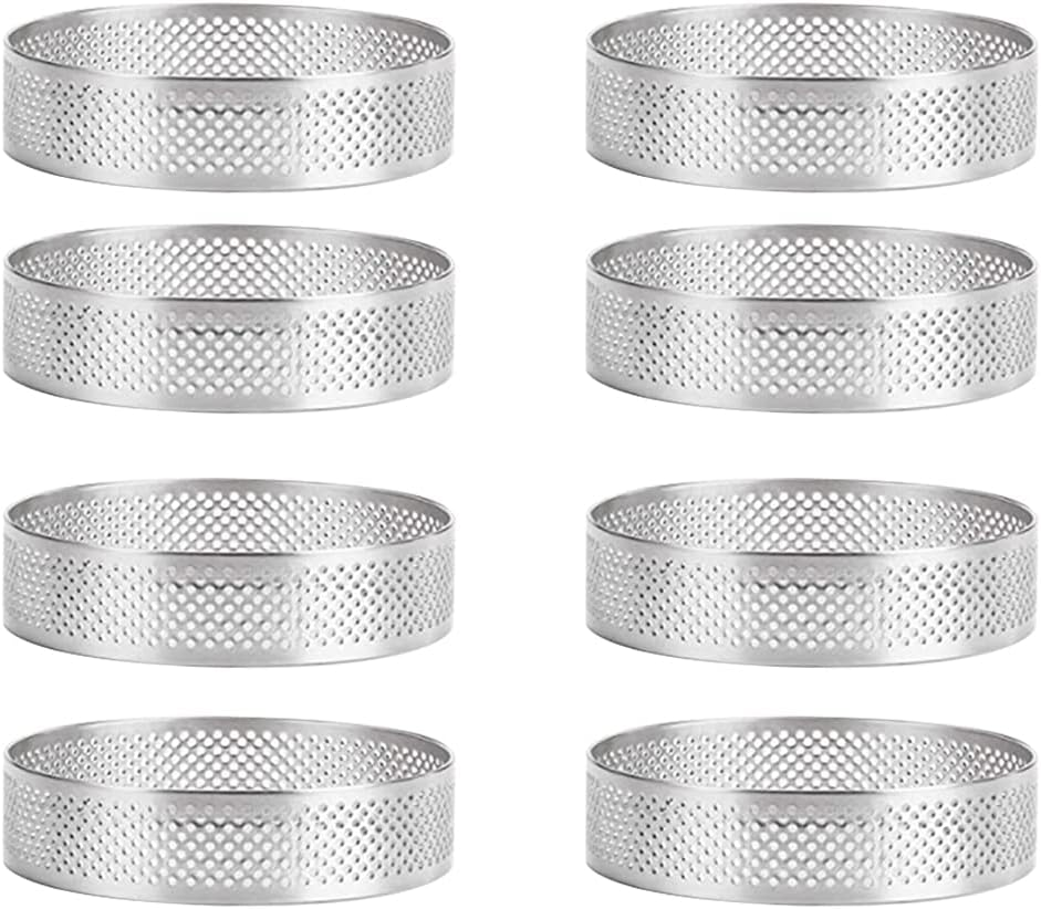 8Pcs Stainless Steel Tart Ring, Heat-Resistant Perforated Cake Mousse Ring round Double Rolled Tart Ring Metal Mold 10Cm