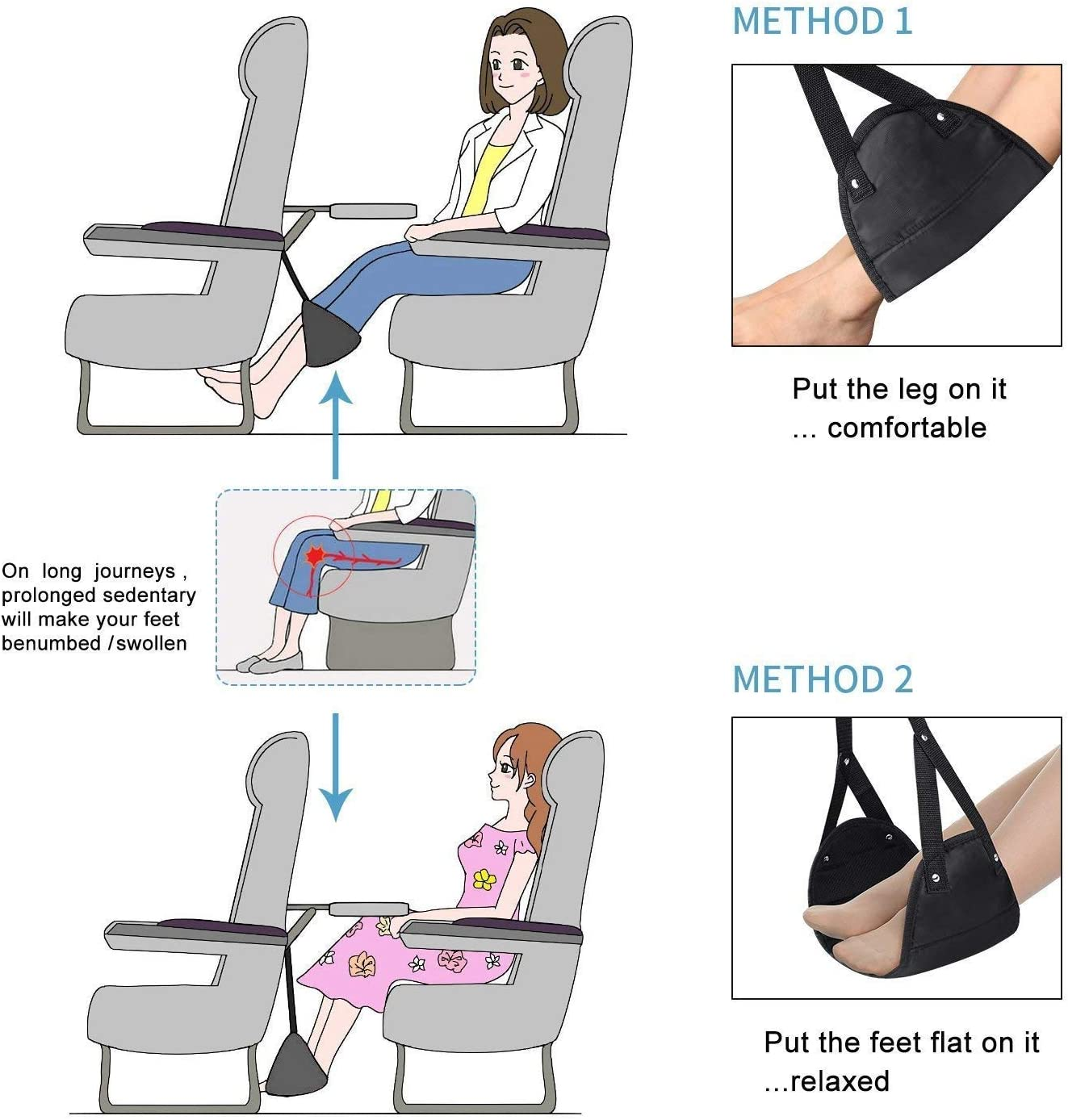 YOMYM Foot Rest, Portable Travel Footrest Flight Carry-On Foot Rest Adjustable Height Foot Rest Travel Accessories Footrests Hammock, Black. (Single) image number 3