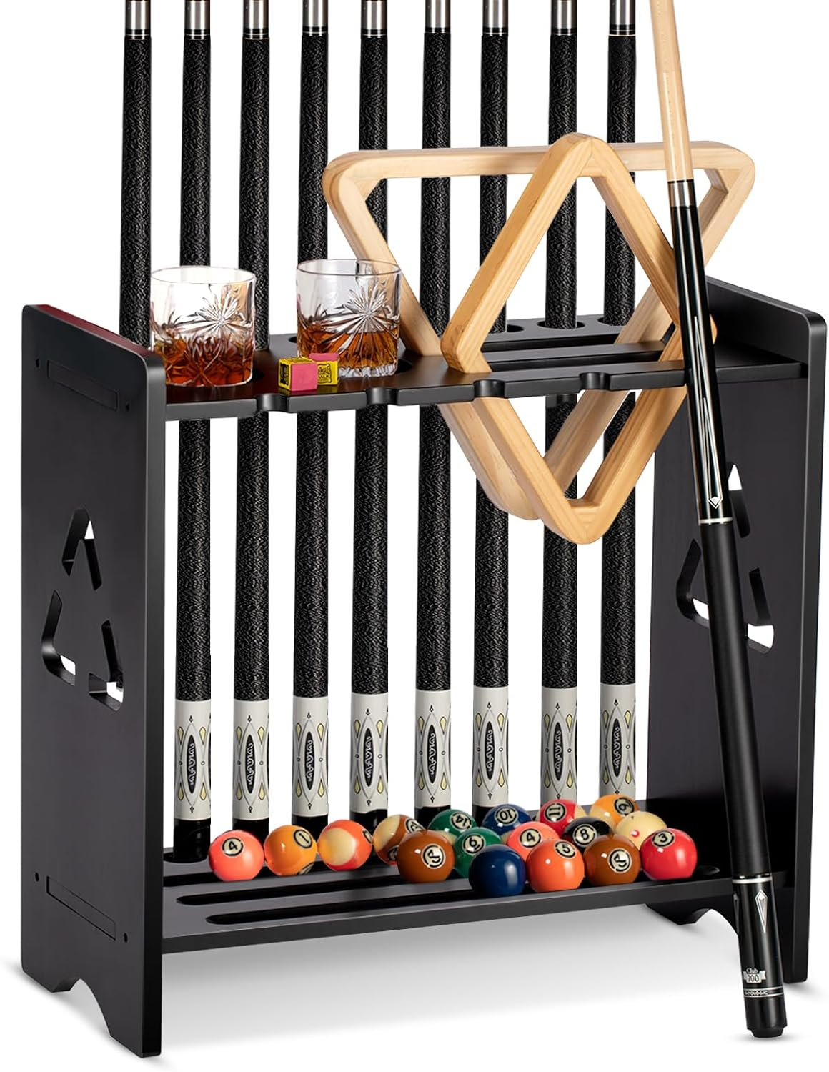 Pool Cue Stick Holder - Floor Stand Billiards Rack Oak Solid Wooden Holds 9 Cues and Pool Table Accessories Organizer image number 3