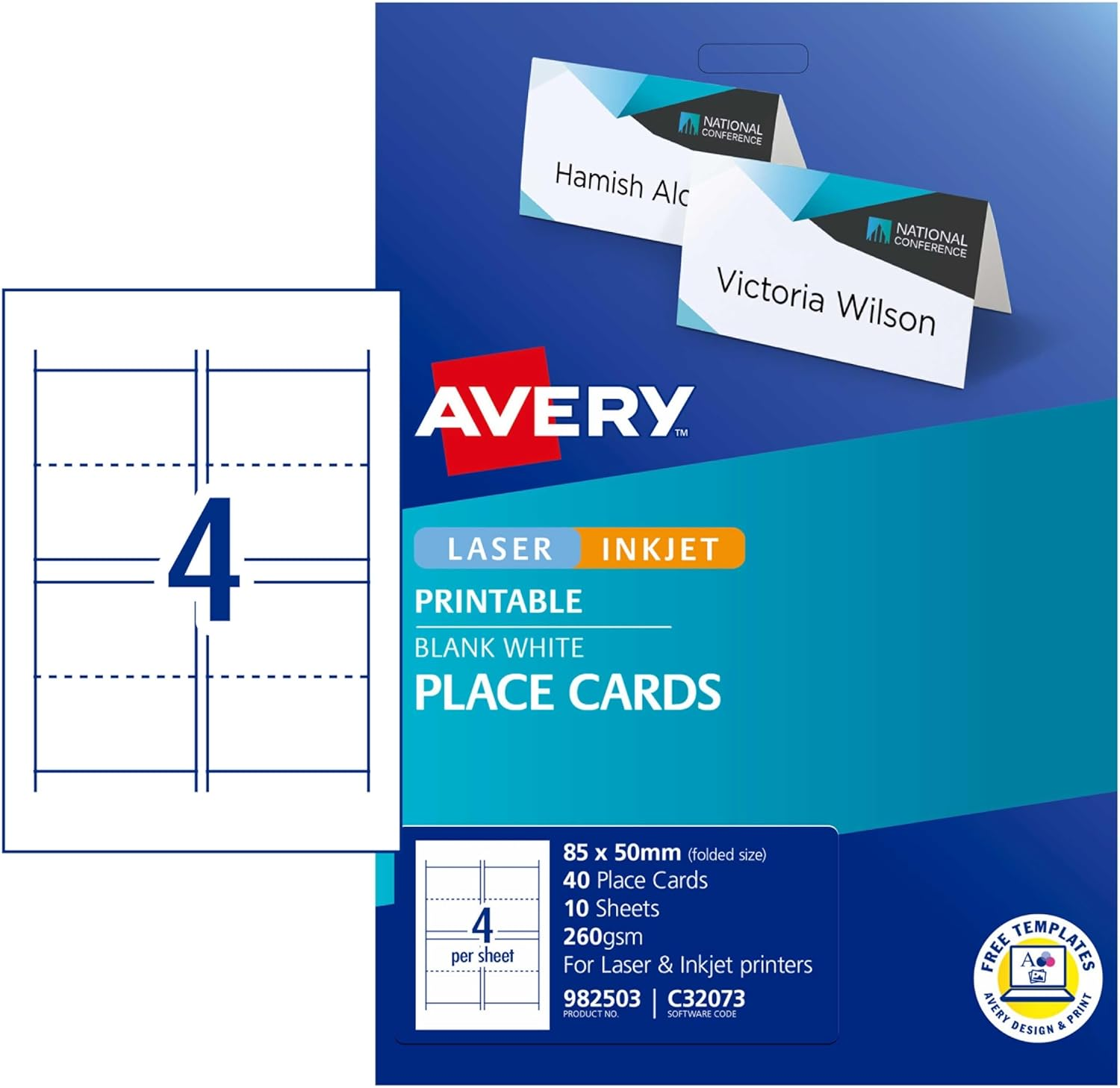 Avery Printable Folded Place Cards - Conferencing Supplies - Name Cards, 85 X 50 Mm, 40 Cards / 10 Sheets, 260 GSM (982503 / C32073) image number 6