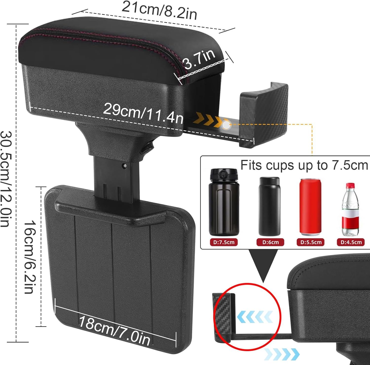 Auto Center Console Armrest Gap Filler Organizer, Car Nappa Leather Armrest Pillow with Storage Box, Arm Rest Cover Cushion with Cup Holder, Universal Adjustable High-Low Arm Rest Extender (Black) - Red image number 6