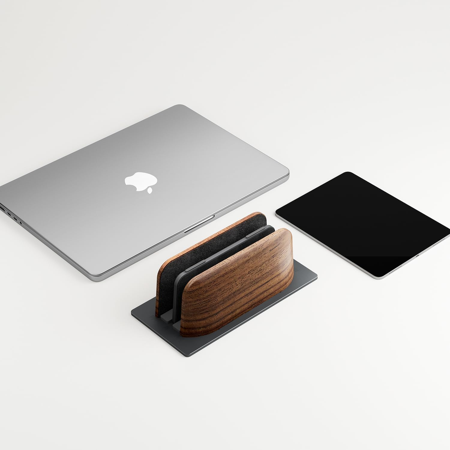 SHUOSUO Vertical Laptop Stand, Dual Slot Walnut Wood Laptop Holder for Desk, Natural Wooden & Aluminium Width Adjustable Dock for Macbook and Other Laptops