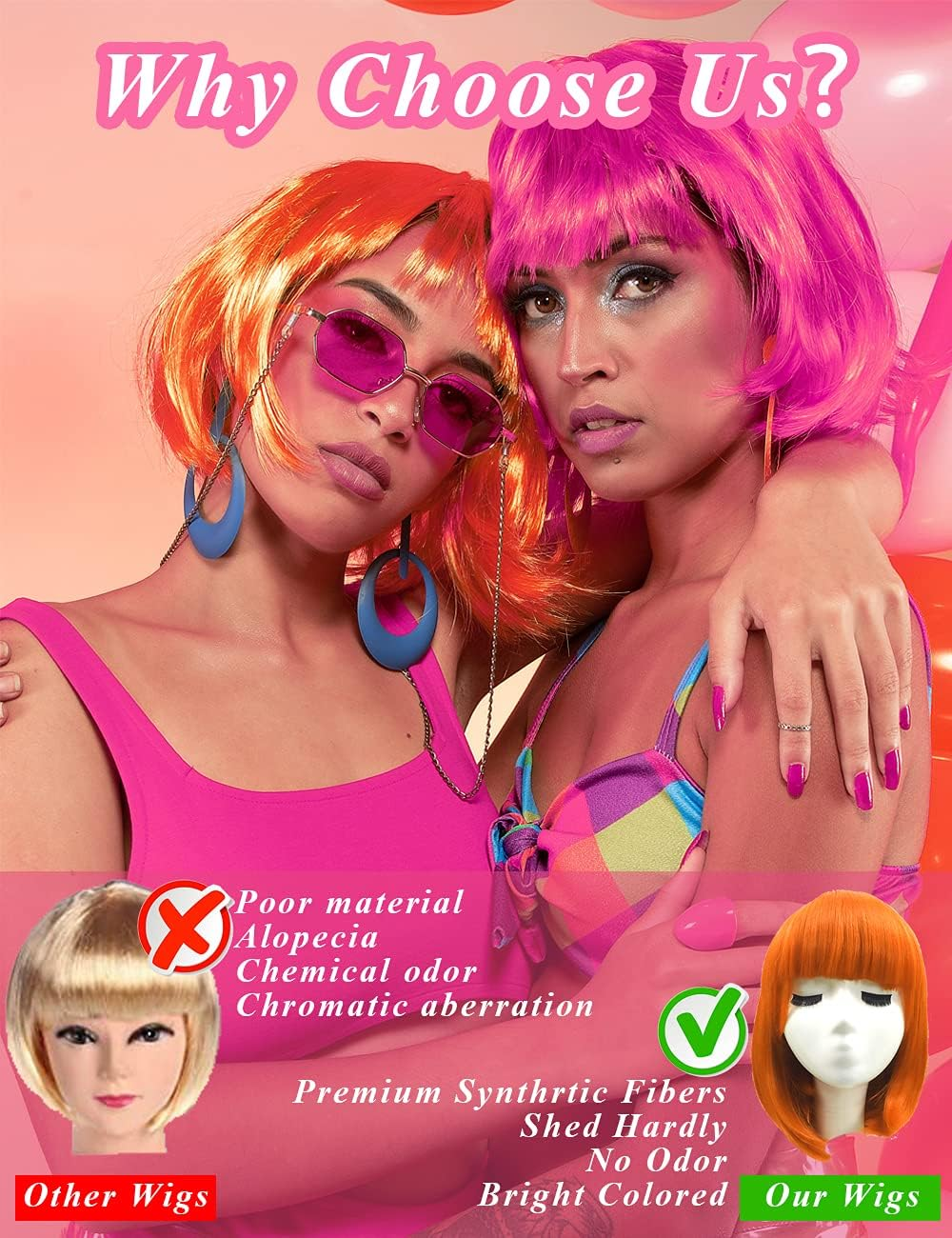LOHO MAGICA 9 Pack Colored Wigs, Funky Colorful Wigs, Short Bob Hair Wigs, Neon Party Wig, Cosplay Wig with Rimless Heart Shape Sunglasses - One Size for All Women Adults Halloween Costume Night Club image number 6