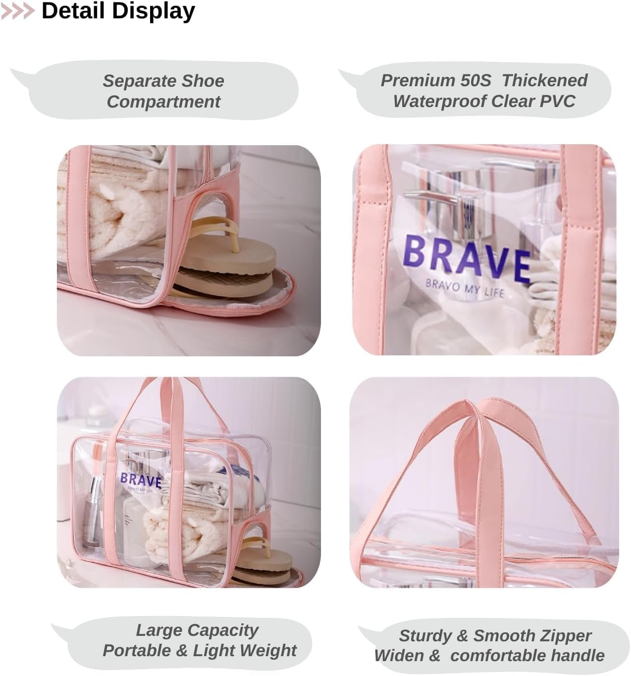 Large Clear Toiletry Bag for Women, Waterproof PVC Beach Bag Swim Bag Gym Bag, Clear Makeup Cosmetic Bag, Transparent Travel Toiletry Bag Travel Accessories Tote Bag, PVC Bag (Pink, 34 * 18 * 25Cm) image number 2