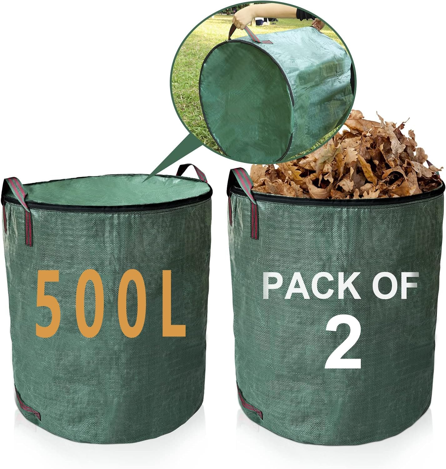 Large Garden Waste Bags with Lid and Zipper, 272 L Waterproof Heavy Duty Garden Leaf Waste Sacks with Handles,Foldable and Reusable ,Green, 2 PACK