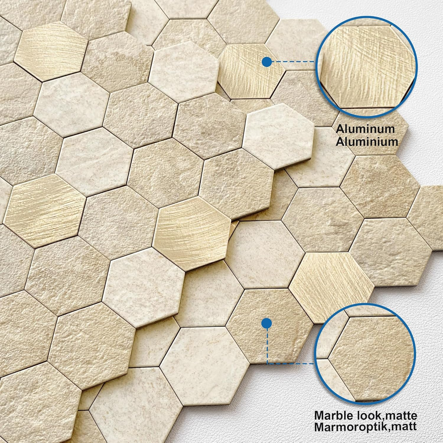 MOFIT Hexagon Peel and Stick Backsplash Tiles Kitchen,Self-Adhesive Metal and Marble Honeycomb Peel and Stick Wall Tiles Sticker Mosaic Heat Resistant(Beige,10Sheets) image number 2