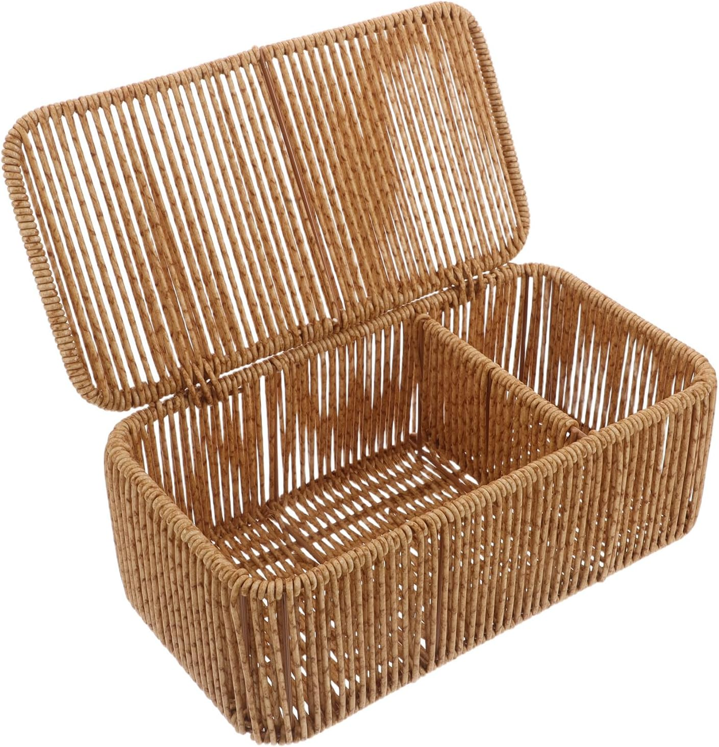 PAMINGONO Small Rectangular Rattan Storage Basket with Lid, Woven Desktop Organizer Box with 2 Dividers, Dustproof Makeup and Cosmetic Storage for Bedroom and Bathroom Shelves image number 3
