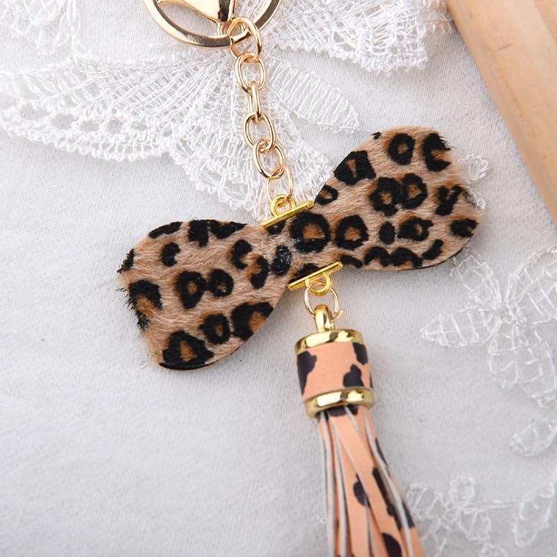 Vintage Rhinestone Leopard Tassel Keychain for Purse Bag Charms for Backpack Handbags Keychains Glitter Leopard Print Bow Keychain for Car Keys Chain Cute Bow Y2K Accessories Women Girls Trendy image number 4