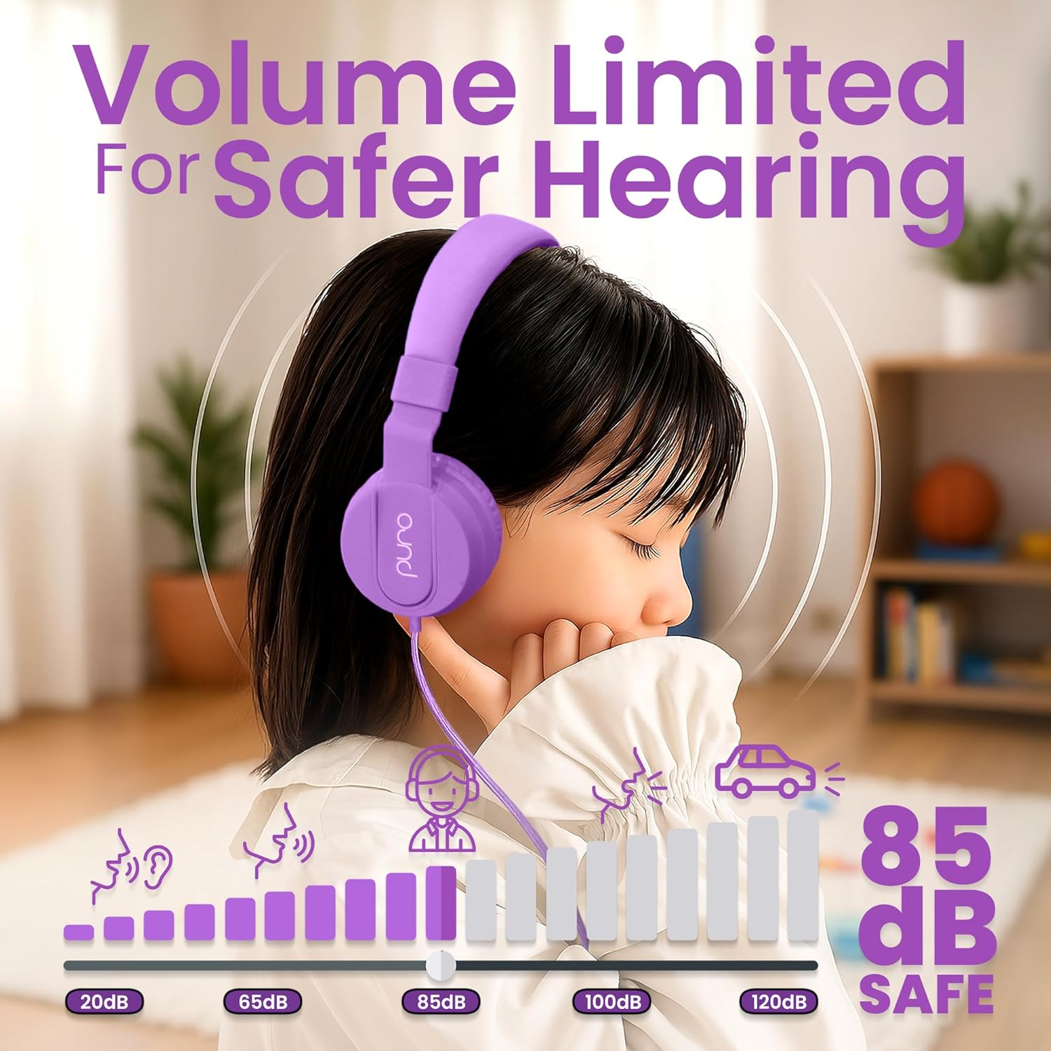 Puro Sound Labs Purobasic Volume Limiting Wired Headphones for Kids, Boys, Girls 2+ Foldable & Adjustable Headband W/Microphone, Compatible with Ipad, Iphone, Android, PC & Mac, Purple image number 1