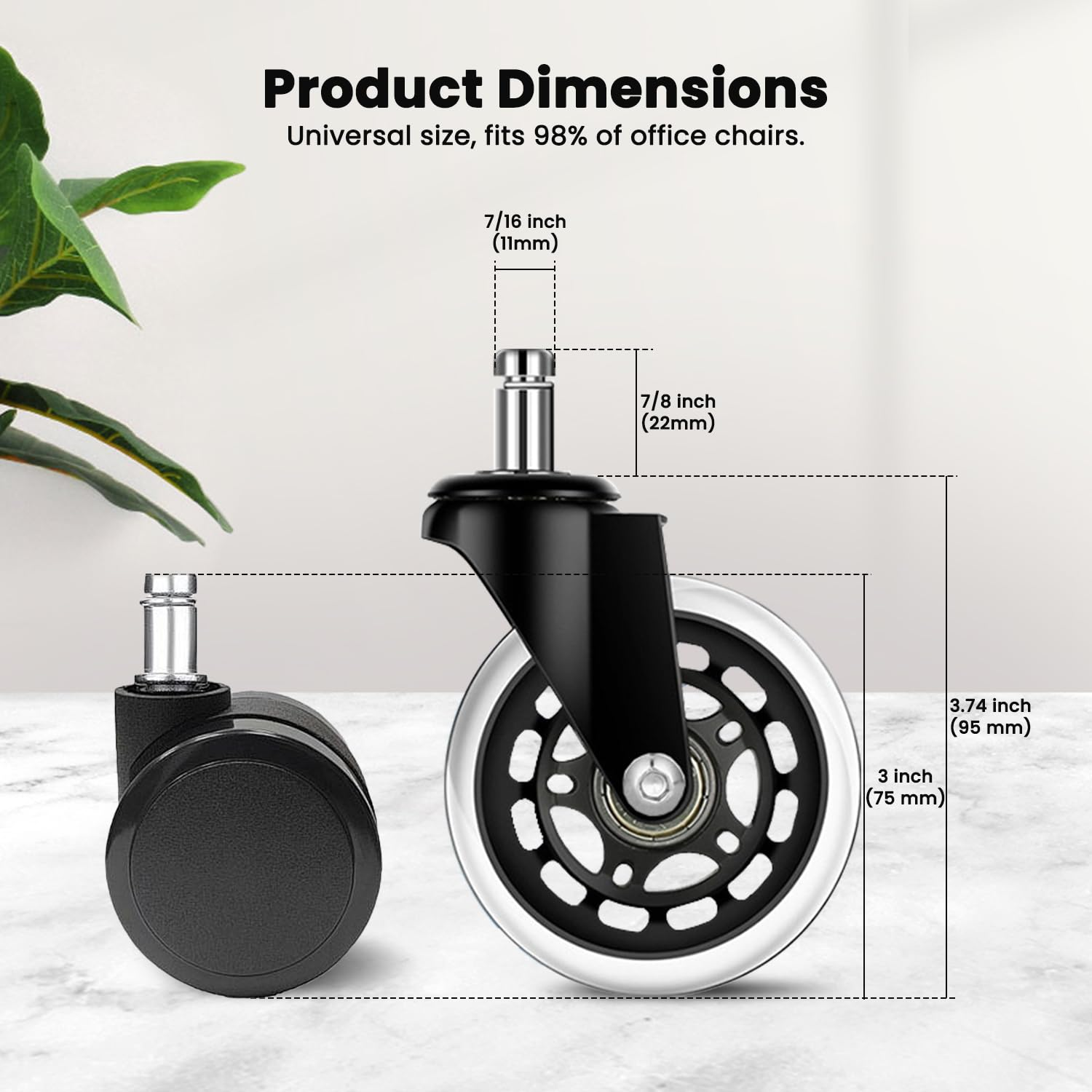 Office Chair Wheels (5Pcs), Necomi Office 3 Inch Replacement Chair Wheels 11X22Mm Replacement Desk Chair Wheels for Hard Floor Casters 5 Piece Heavy Duty Wheel Replacement Set image number 5