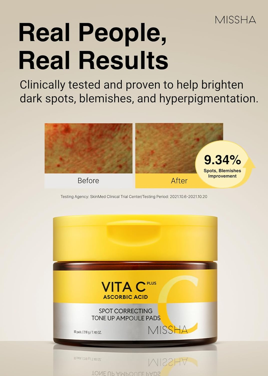 MISSHA Vita C Tone up Ampoule Toner Pads (80 Pads) Exfoliating Pads, Spot Treatment Pads with Vitamin C, Hyaluronic Acid, Collagen, Hydrating