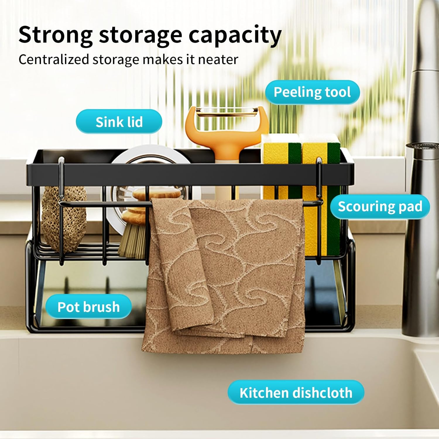 Kitchen Sink Caddy Organiser with Removable Dish Cloth Hanger, Sponge Holder for Kitchen Sink with Self Draining Tray, Stainless Steel Dish Soap Holder image number 2