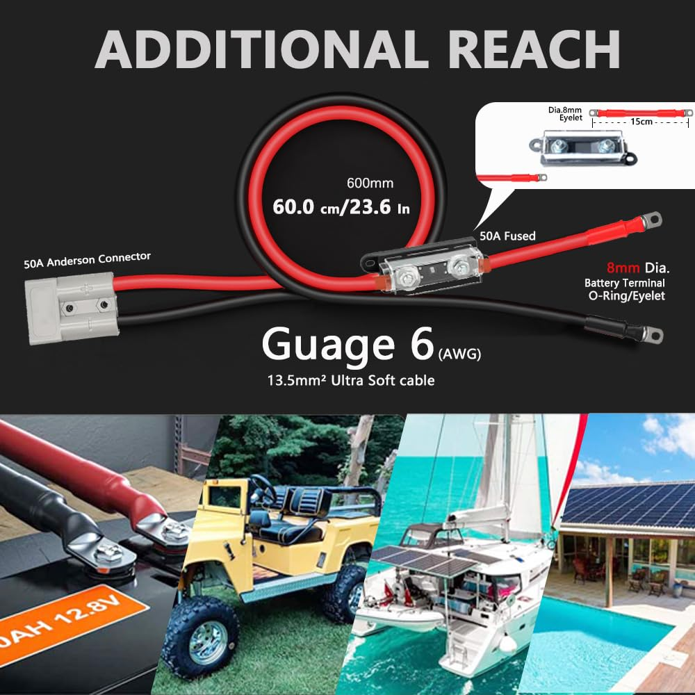 50A Fused 6AWG Anderson Connector to Battery Terminal Cable,O-Ring Dia.8Mm,Heavy Duty 13.5Mm&sup2; Power Cord for Solar,Battery Box,Camper Rv (Ad-8Mm Eyelets-Fused) image number 5