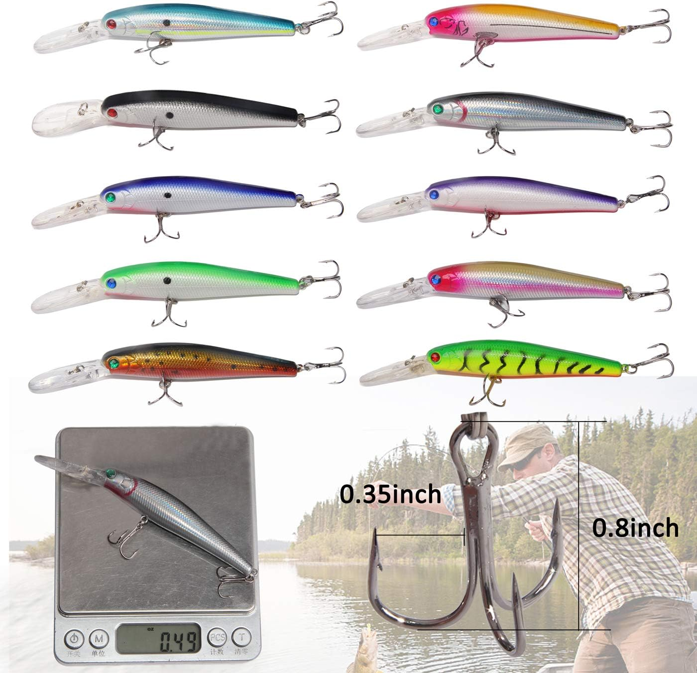 10Pcs Fishing Lures Hard Bait Minnow Deep Diving Swimbait Walleye Lures Topwater Lures Bait for Bass Trout Pike Freshwater Saltwater Lures Kit image number 2