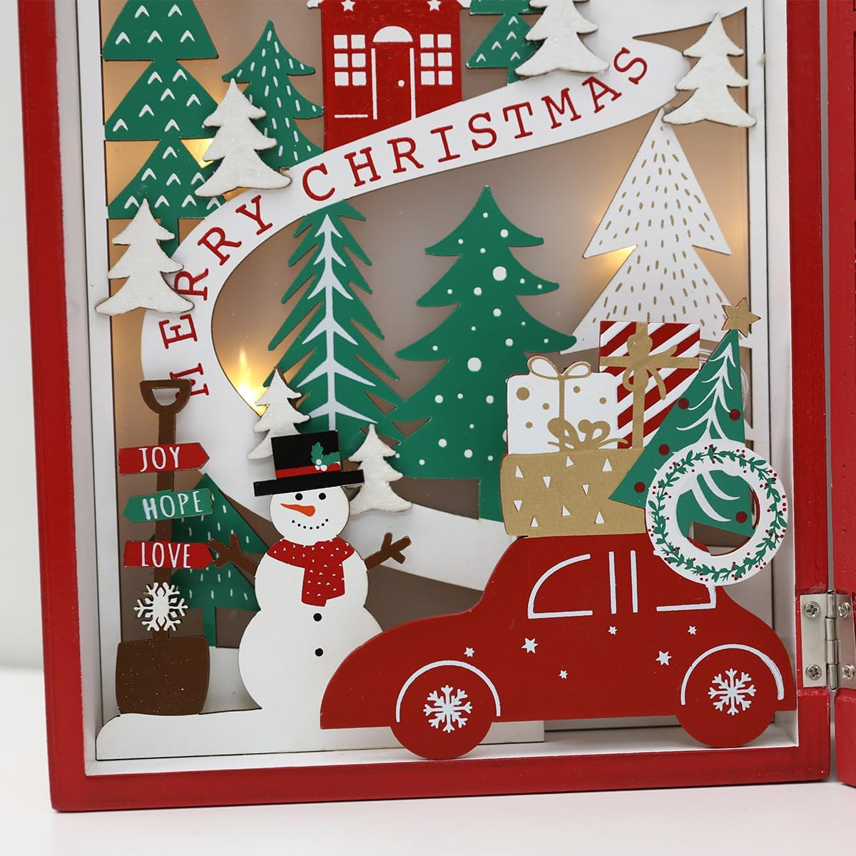 PE Christmas Wooden Advent Calendar Book with Drawers and LED, Reusable Countdown to Christmas Advent Calendar with Village Forest Snowman Scene Perfect Gift (Red) image number 3
