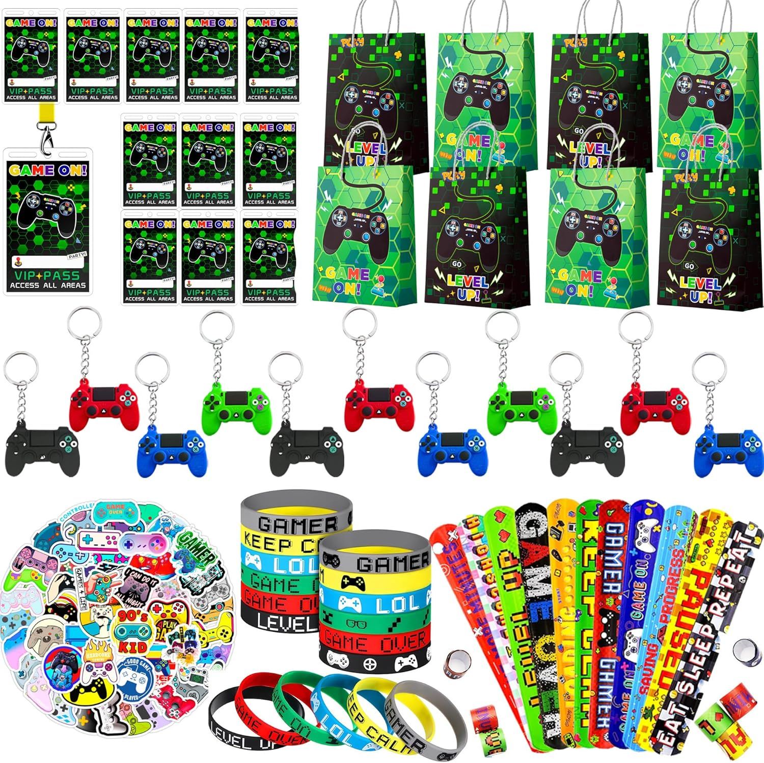 Video Game Party Favors for Kids, 110Pcs Gamer Party Favors Set Including Video Game Wristband Slap Bracelets Keychain Vip Pass Ticket & Gamer Goodie Bags Etc Gaming Party Favors for Boys