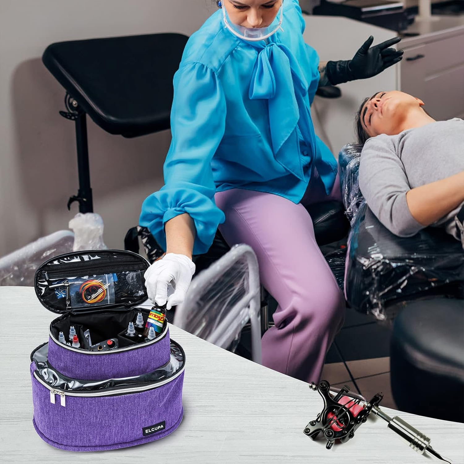 ELCUPA Tattoo Kit Carrying Case, Purple, Padded Interior, 6" Height, 8.5" Middle Compartments, Multiple Pockets, Easy Carry, Service Guarantee image number 2