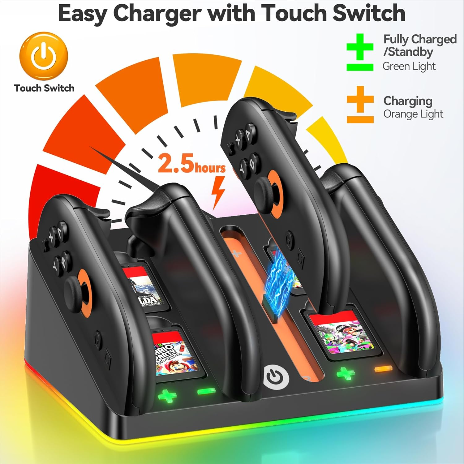Gersker Switch 2 Controller Charger Dock, RGB Joy Cons Charger with Touch Control Compatible with Nintendo Switch 2, Fast Charging Station for 4 Joy-Cons, 4 in 1 Switch 2 Accessories with USB-C Cable image number 2