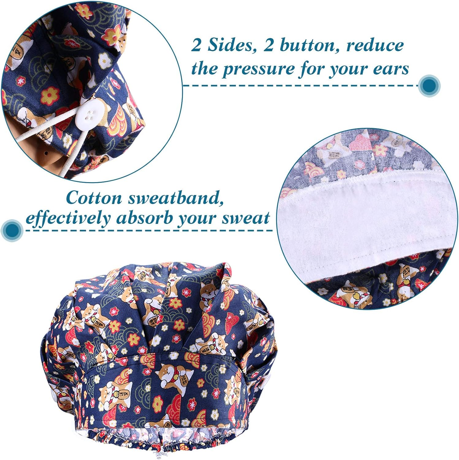 Geyoga 5 Pieces Adjustable Bouffant Caps with Buttons Printed Tie Back Hats with Sweatband Hat for Women Men, 5 Styles, Multicolor, 1 image number 1