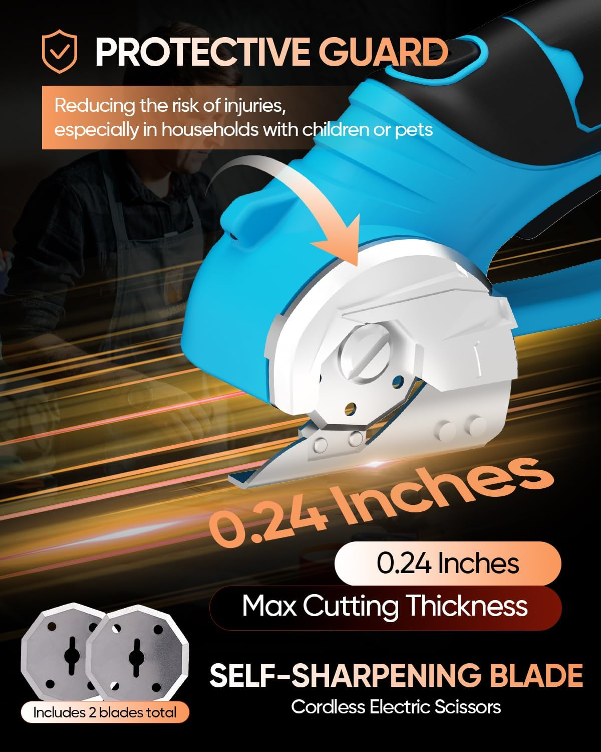 SWNEPOF Cordless Electric Scissors, 4V Rechargeable Fabric Cutter with Safety Lock & Light, Heavy Duty Power Rotary Cutter for Leather, Carpet, Cardboard, Sewing & Crafting, 2 X Blades (Blue) image number 5