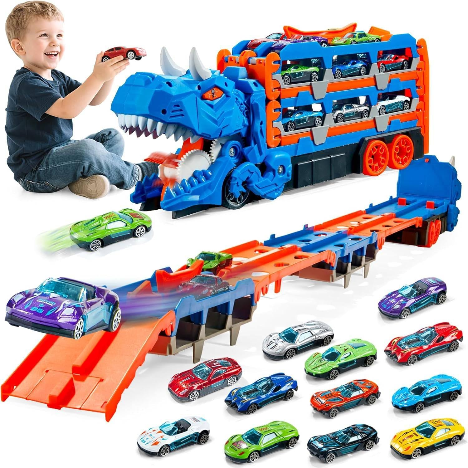 Valdera Dinasour Toys Transporter Truck Track for Kids, Foldable Dinosaur Truck with 10 Racing Cars, Dino Educational Toy for Kids Boys Girls Birthday Gift (Blue)
