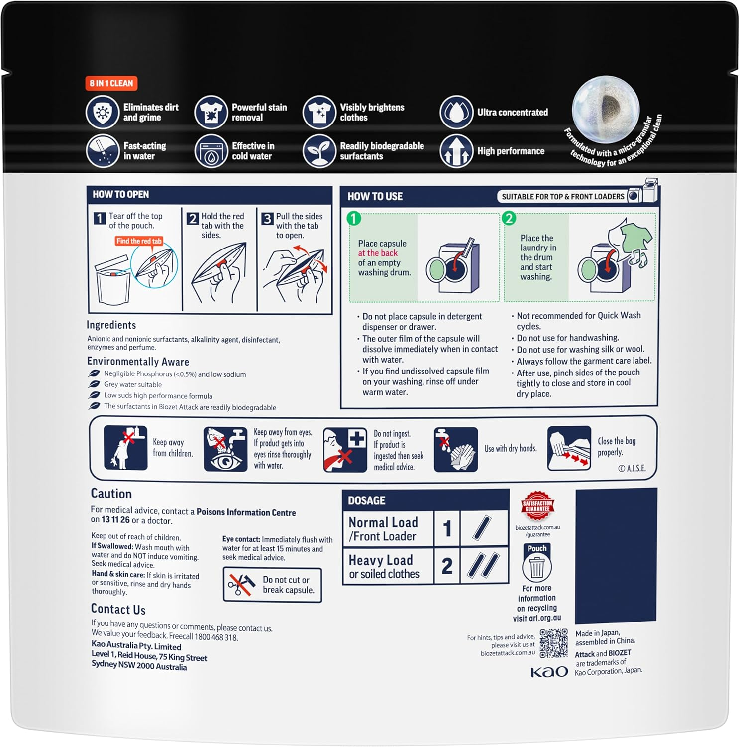 Biozet Attack Power Laundry Capsules 8 in 1 Clean 50 Pack