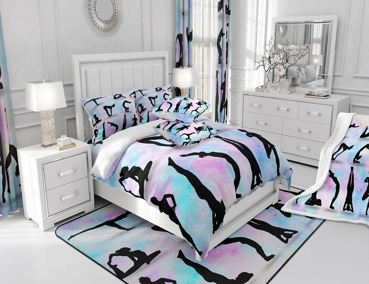 Gymnastic Silhouette Duvet Cover Set S Size, Yoga Dance Lovers Bedding Set Children Girls Women Room Decor, Rainbow Watercolour Comforter Cover Gymnastics Sports Quilt Cover, 1 Pillowcase image number 3