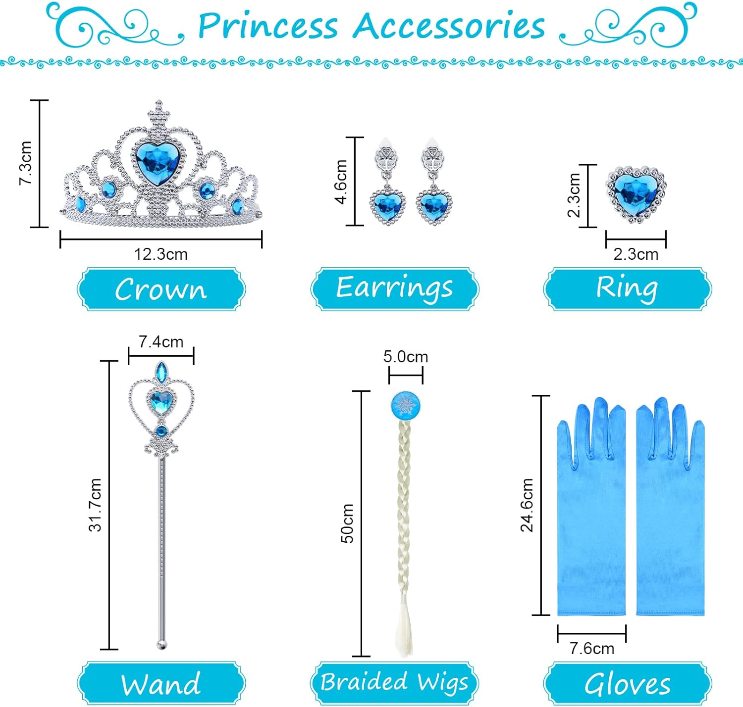 URAQT Elsa Costume Children'S Girls, 9-Piece Set Elsa Dress Children with Crown Tiara Gloves Magic Wand for Christmas Fancy Dress Carnival Halloween Birthday Party (130)