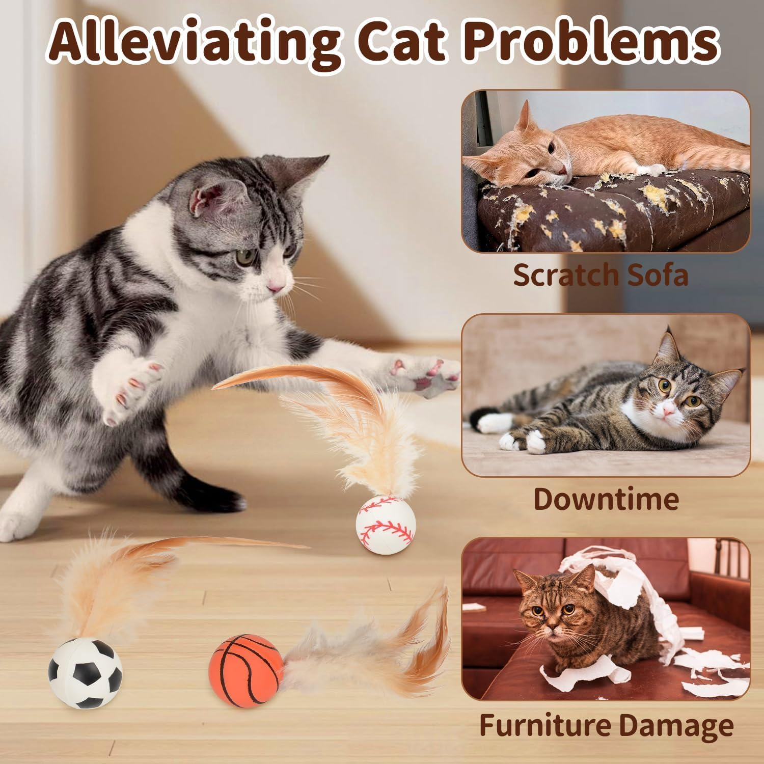 DAMIGHT 3Pcs Cat Bouncy Ball with Feather, Cat Toys Ball Feather Toy for Indoor Cats, Mini Basketball Soccer Toys for Exercise, Bouncy Balls Toys Pet Toys for Cats, Kitten (A) image number 3