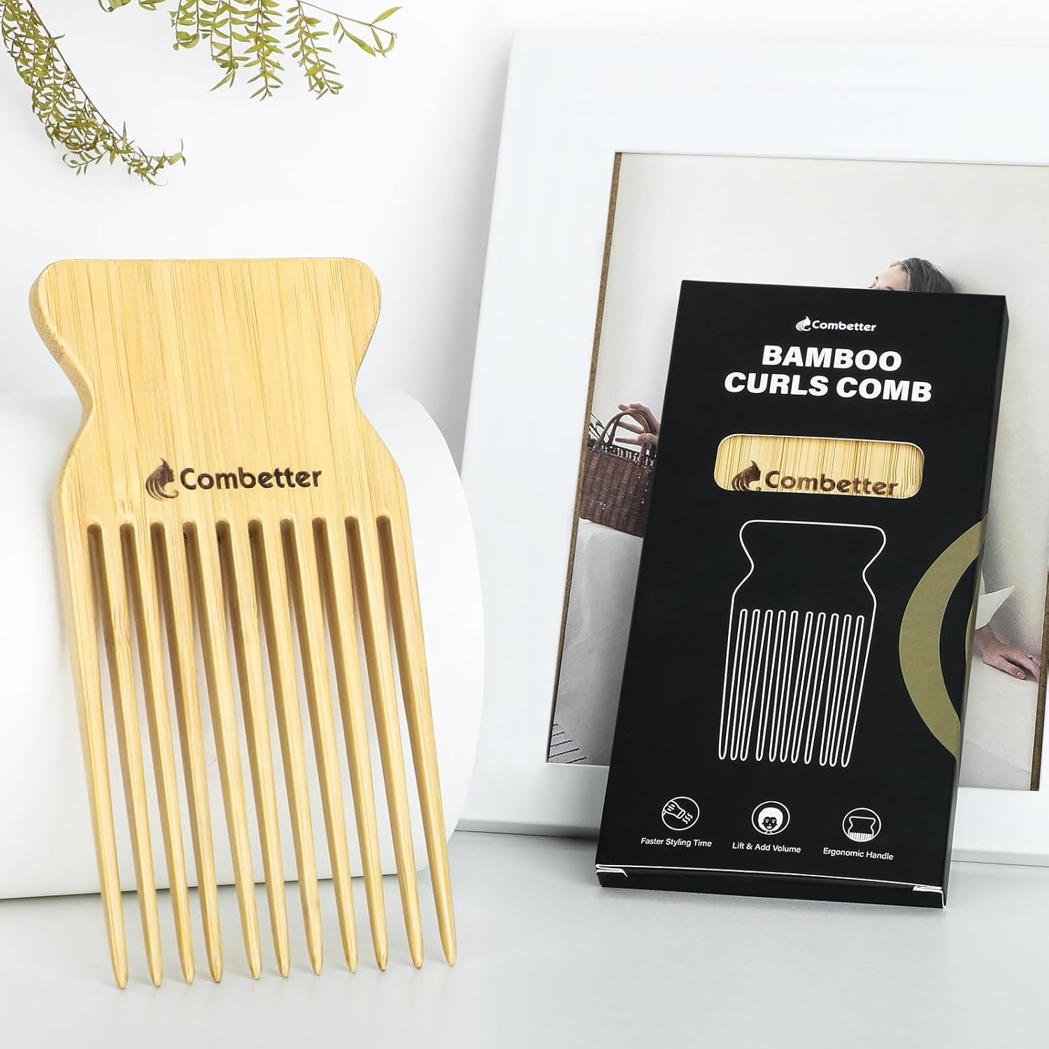 Bamboo Hair Pick by Combetter, Enhance Curl Definition & Volume All Curly Hair, Eco-Friendly Afro Pick for Detangling & Styling for Men, Women & Kids, Yellow image number 6