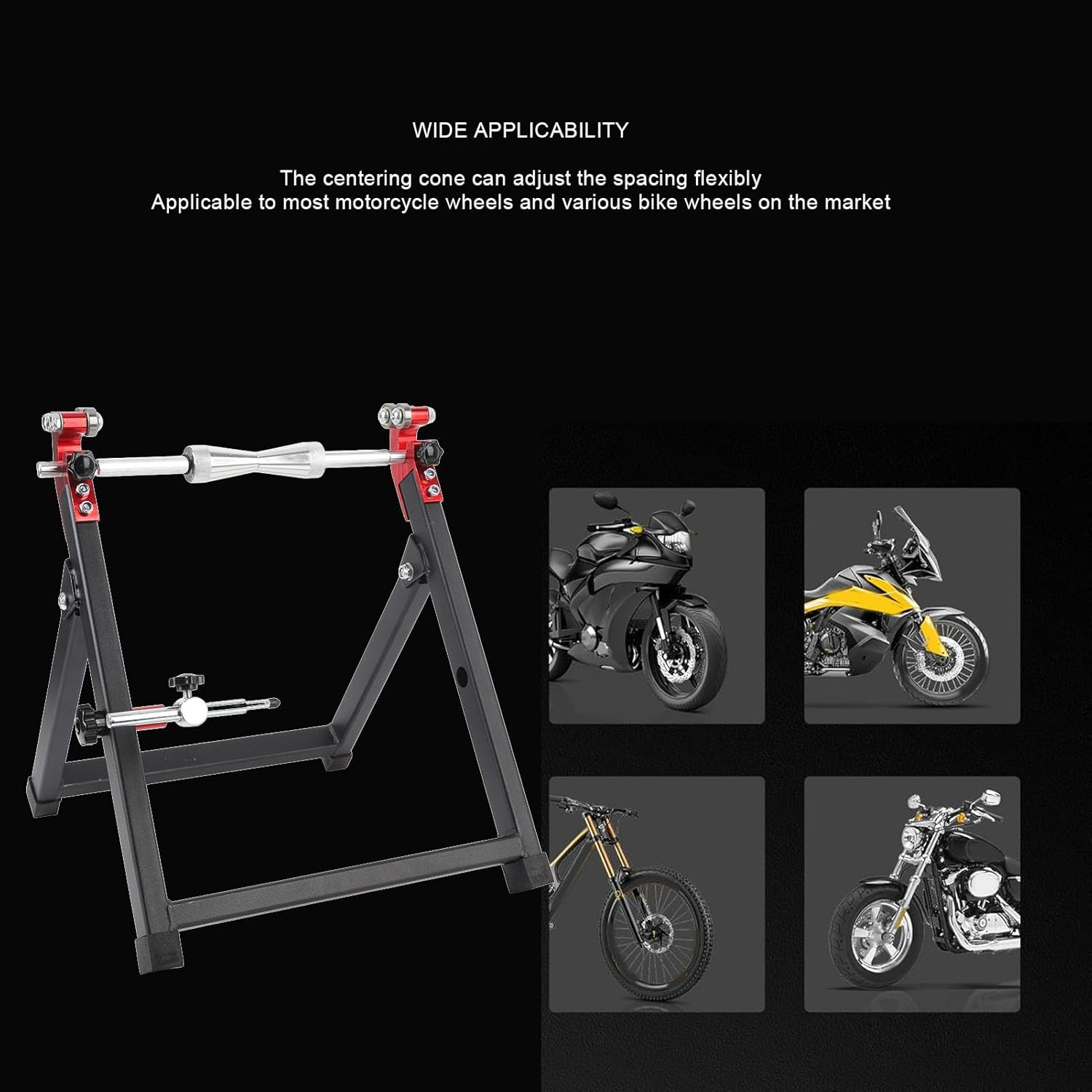 Sorandy Motorcycle Rim Tire Wheel Balancer, Balancing Spin Static Truing Stand, Foldable Portable Adjustable Centering Cones Rim Tire Balancer for Sport Dirt Bike,Motorcycle Maintenance image number 2