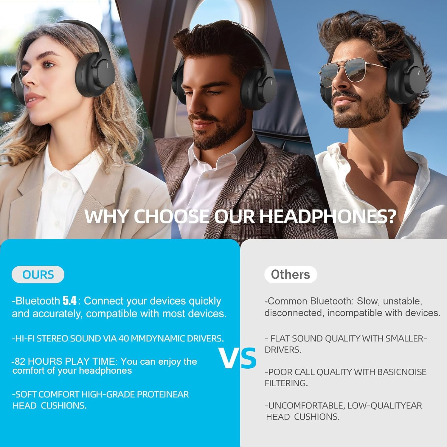 Elzle Bluetooth Headphones over Ear, 82 Hours Playtime, Bluetooth 5.4 Caution Foldable Headphones with Built-In Microphone, Wired/Wireless Foldable Headphones, for Travel/Study/Office - Black image number 1
