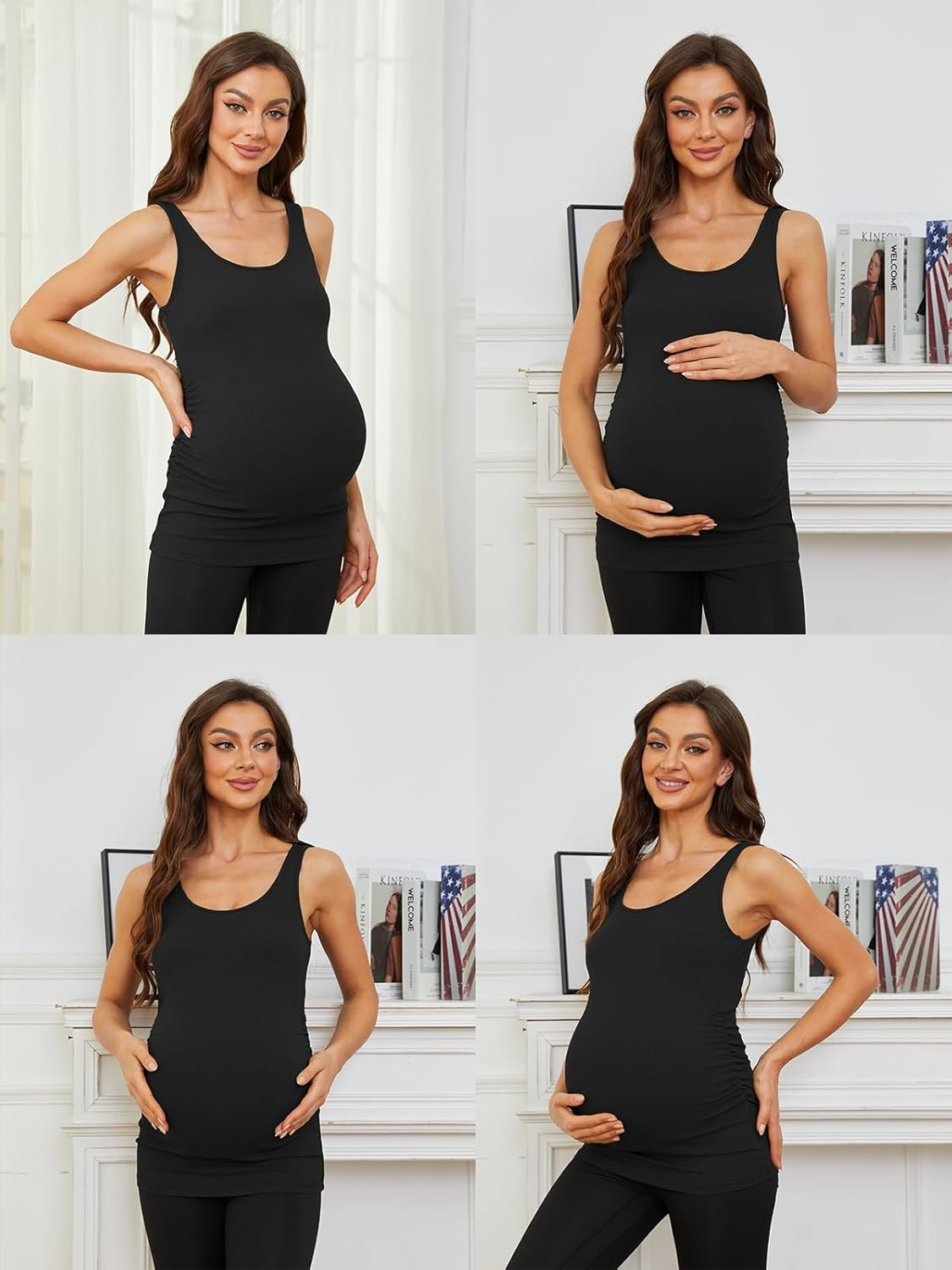 Ecavus 3 Pack Maternity Tank Tops Ribbed Ruched Side Stretchy Comfortable Sleeveless Pregnancy Shirts image number 4