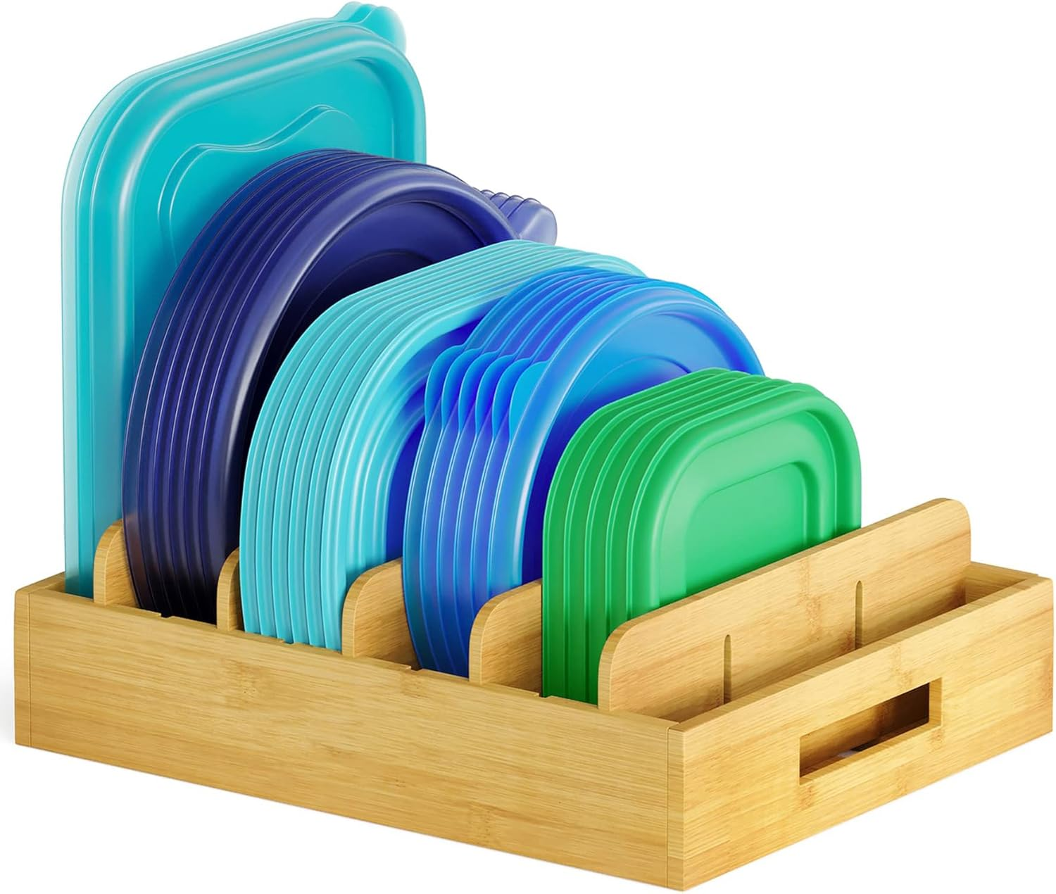 FORYUSE Bamboo Food Storage Container Lids Organiser with 5 Adjustable Dividers Kitchen Cabinet Plastic Lid Holder image number 2